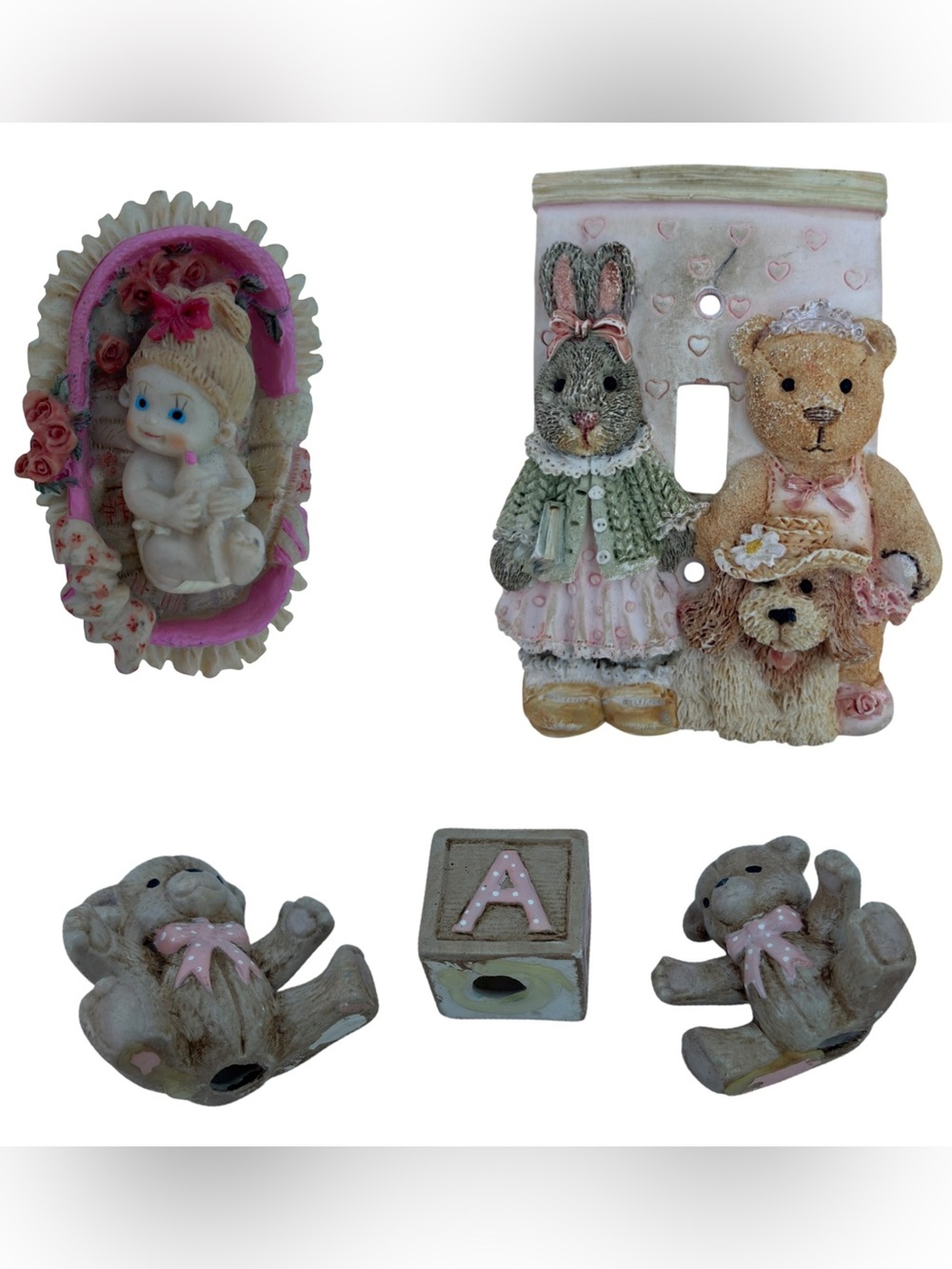 Vintage Nursery Decor Set - Light Switch Cover & Figurines Bears Dog Bunny Baby